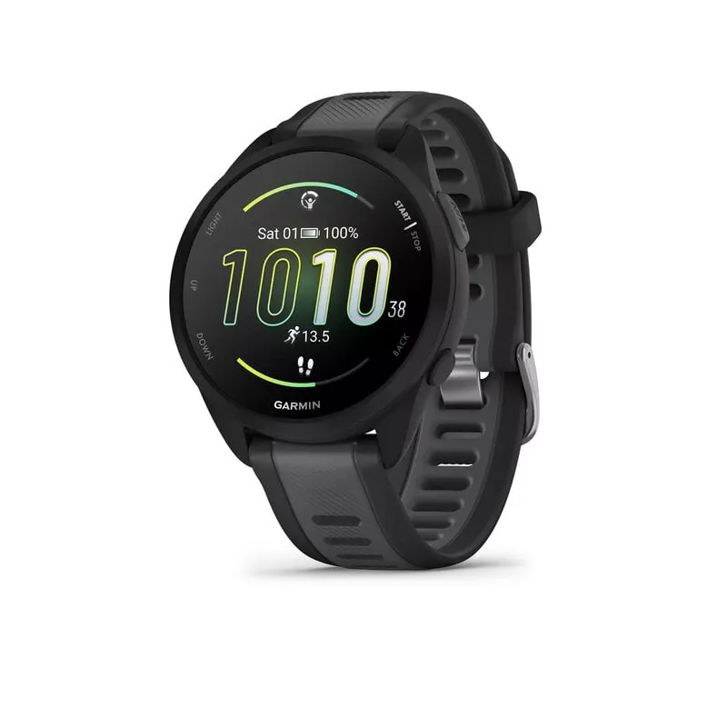 Garmin Forerunner 165 i svart med skiffergrå silikonrem och en AMOLED-urtavla