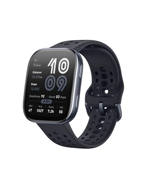 Amazfit Bip 6 i mörkgrått med rektangulär skärm och perforerad silikonrem, klockfacet visar tid, puls och readiness