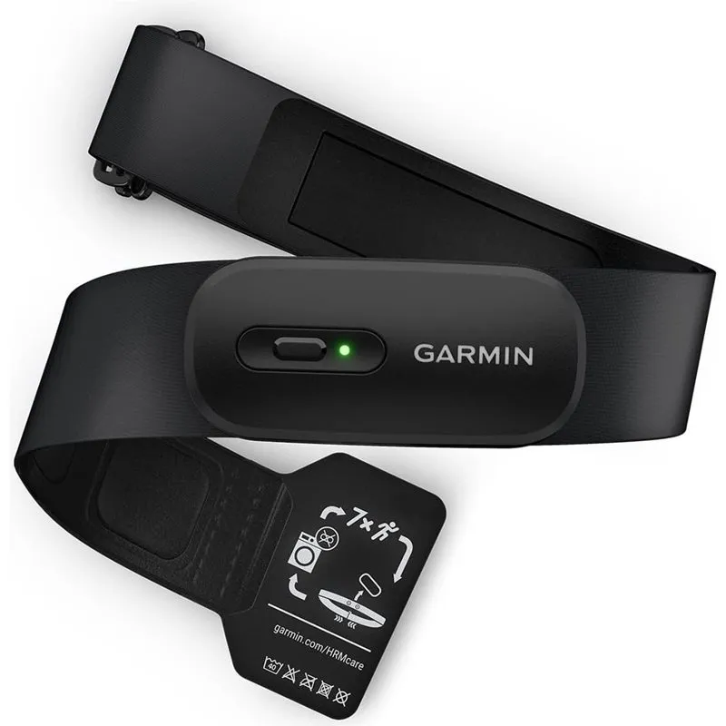 Garmin HRM 200 pulsband i svart med en grön statuslampa på sensormodulen och en tvättinstruktion på remmens flik