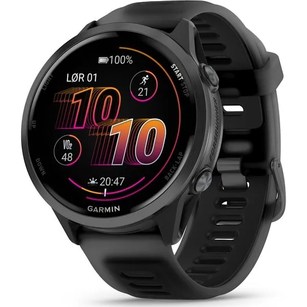 Garmin Forerunner 570 i svart med svart silikonrem och rund AMOLED-skärm med färgglad digital urtavla