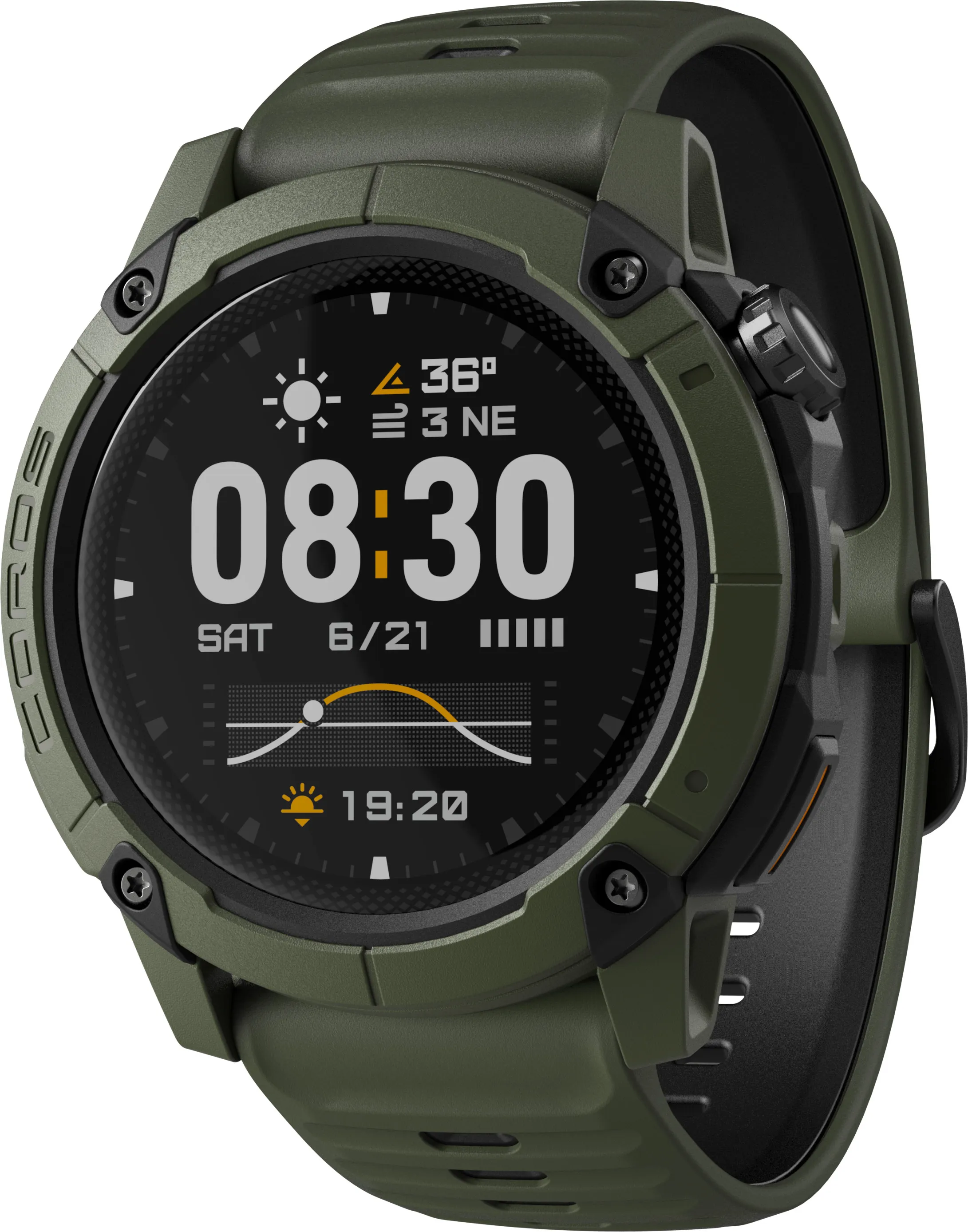 Coros Nomad i militärgrönt med skruvad bezel och grön silikonrem, urtavlan visar klockslag, väder, solens bana och solnedgång
