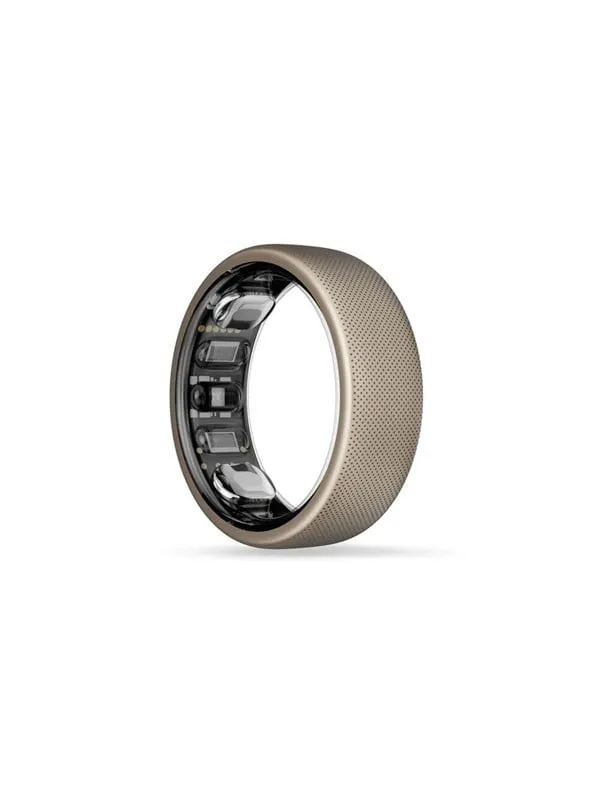 Amazfit Helio Ring i borstat silver med små prickar på utsidan, sedd snett framifrån med sensorerna synliga på insidan
