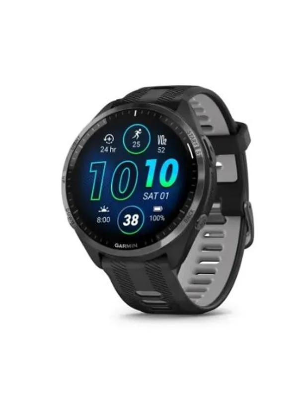 Garmin Forerunner 965 i svart med grå silikonrem och en AMOLED-urtavla med stora blå och gröna siffror