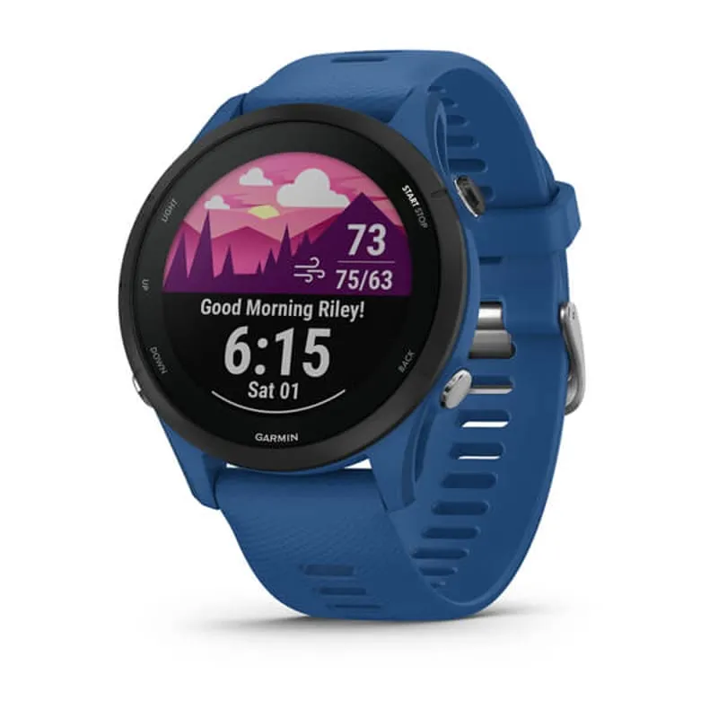 Garmin Forerunner 255 i blått med en färgglad urtavla på den runda MIP-skärmen