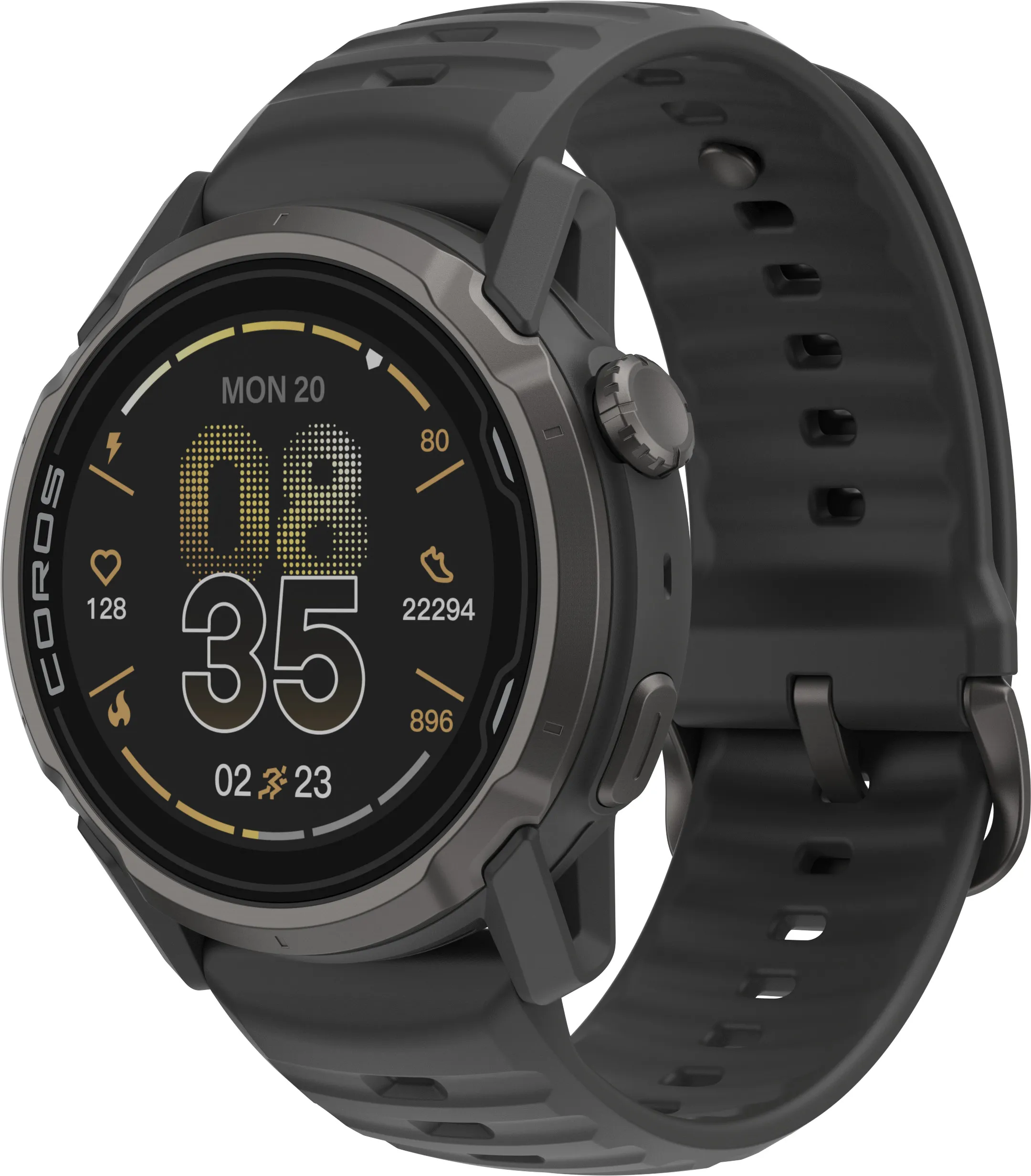 Coros Apex 4 i svart med titanbezel och svart silikonrem, urtavlan visar klockslag, puls, steg och kalorier