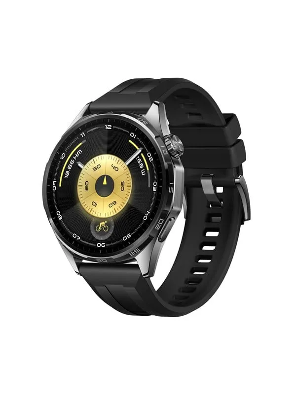 Huawei Watch GT 6 i svart med svart silikonrem och en gul analog urtavla med en cykelikon på AMOLED-skärmen