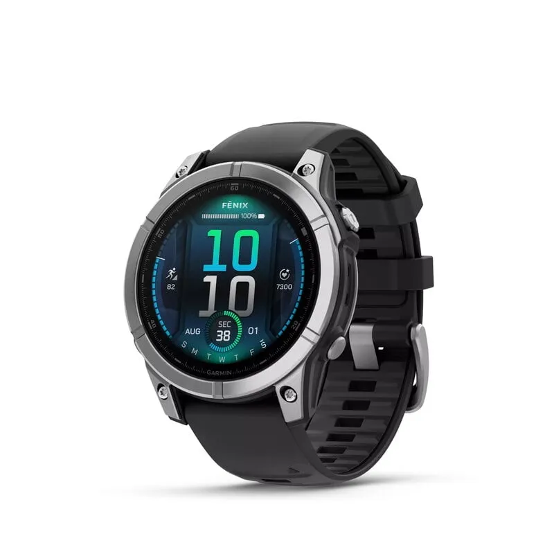 Garmin Fenix E 47 mm med svart silikonrem och stålbezel, AMOLED-skärmen visar ett digitalt klockface i blått och grönt