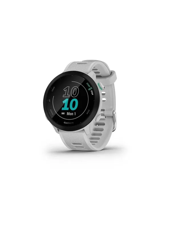 Garmin Forerunner 55 i vitt med vit silikonrem och en liten rund skärm med stora siffror i turkost