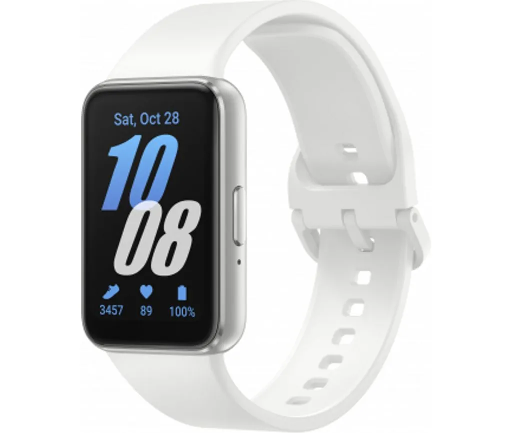 Samsung Galaxy Fit3 i silver med vitt silikonband och en stor digital urtavla på den rektangulära AMOLED-skärmen