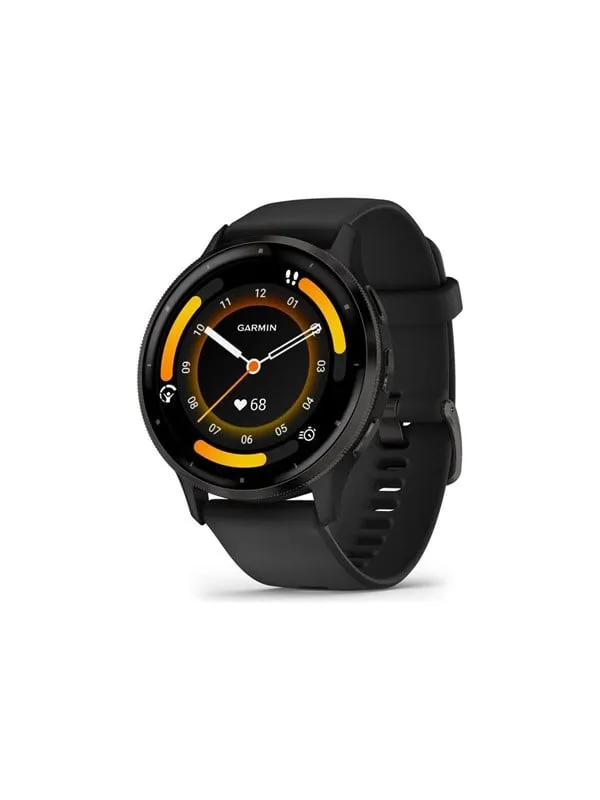 Garmin Venu 3 i svart med svart silikonrem, urtavlan visar analog tid med orangea aktivitetsringar och puls