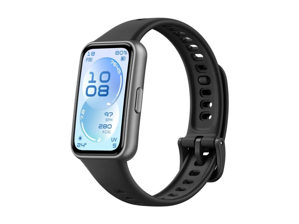 Huawei Band 11 i svart med svart silikonband och en blå urtavla med klocka, puls och kalorier på den rektangulära AMOLED-skärmen