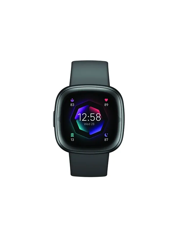 Fitbit Sense 2 i grafit med mörkgrått silikonband och en färgglad urtavla med klockan 12.58, datum och fyra värden i hörnen, sedd rakt framifrån