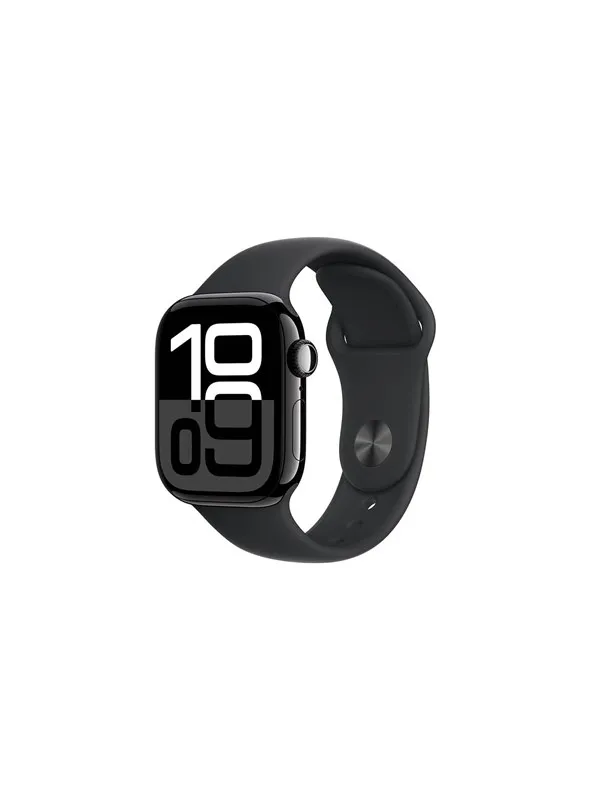 Apple Watch Series 10 i svart aluminium med svart sportband och en urtavla med stora siffror, sedd snett framifrån