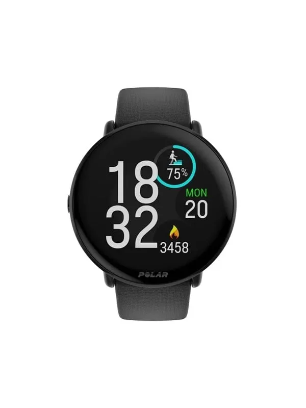 Polar Ignite 3 i svart med svart silikonrem och rund AMOLED-skärm som visar klockslag och aktivitetsdata