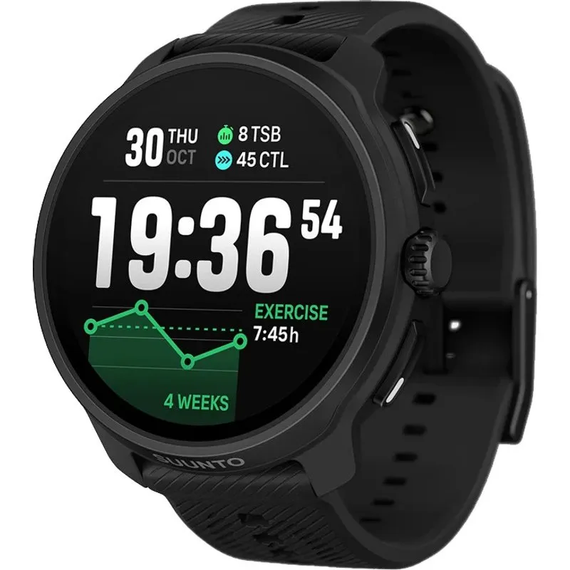 Suunto Race 2 i svart med silikonrem och rund AMOLED-skärm som visar klockan 19.36 och träningsbelastning