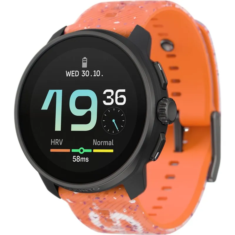Suunto Race S med orange mönstrad silikonrem och rund AMOLED-skärm som visar klockan 19.36 och HRV-värde