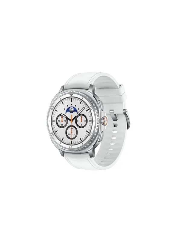 Samsung Galaxy Watch8 Classic i silver med vitt silikonband och roterande ram, sedd snett framifrån