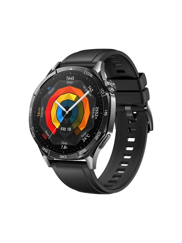 Huawei Watch GT 5 i svart med svart silikonrem och en färgglad urtavla med koncentriska ringar för aktivitet