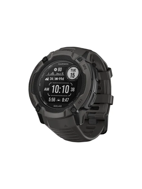 Garmin Instinct 2X Solar i grafit, 50 mm, svart robust bezel och MIP-skärm med klockan 10.10, solintensitet och batteri på 99 dagar