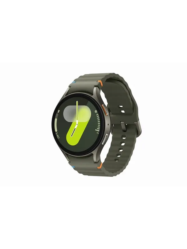 Samsung Galaxy Watch7 i grönt med grönt silikonband, sedd snett framifrån