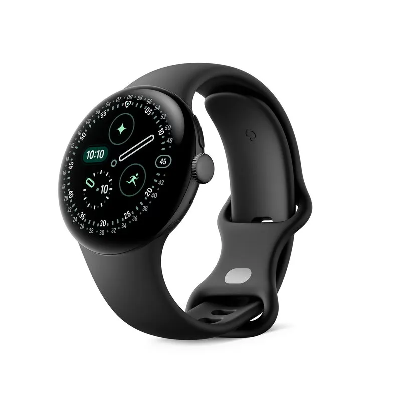 Google Pixel Watch 4 i svart med svart silikonband och en urtavla med Gemini-ikon, sedd snett framifrån