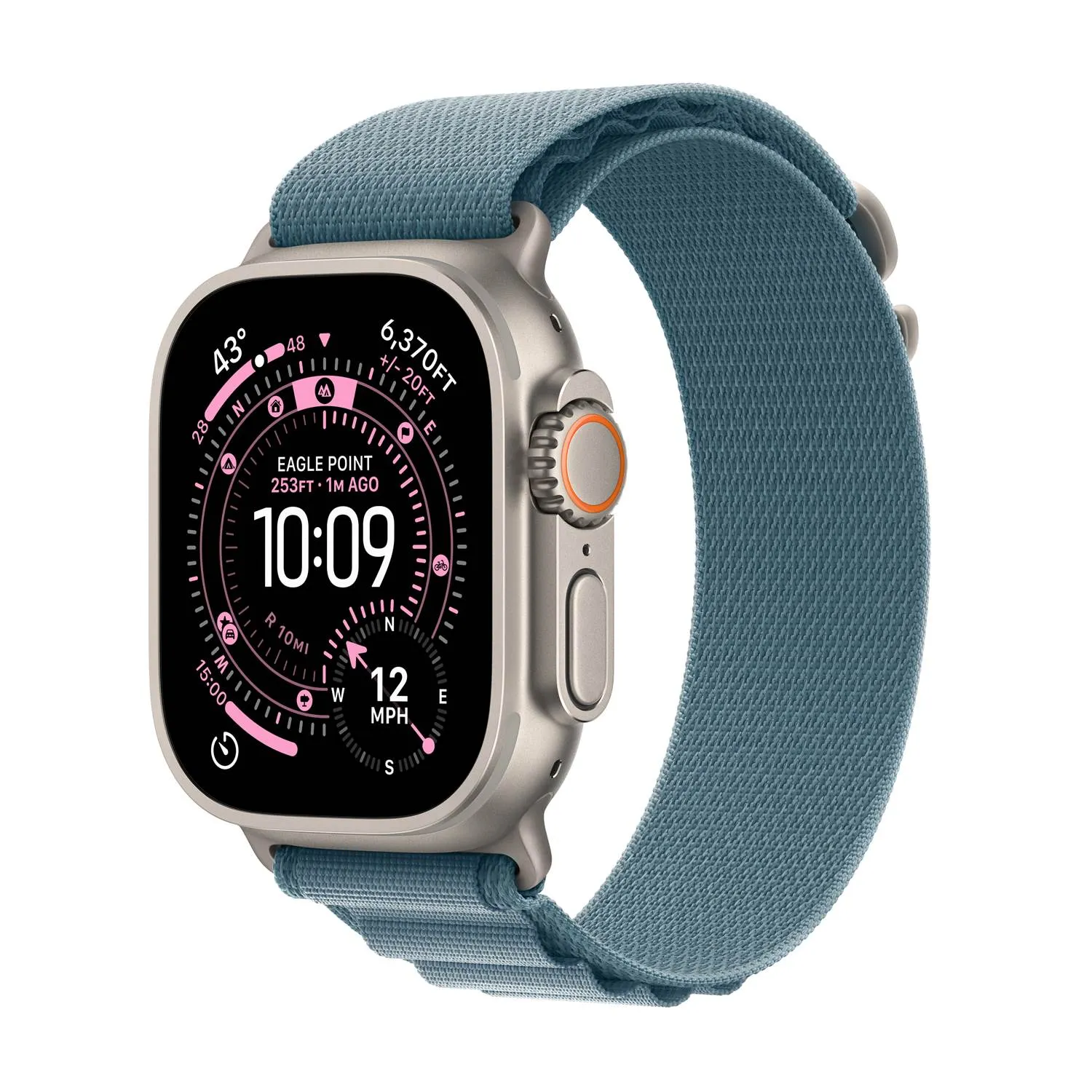Apple Watch Ultra 3 i naturlig titan med blått Alpine Loop-band, sedd snett framifrån