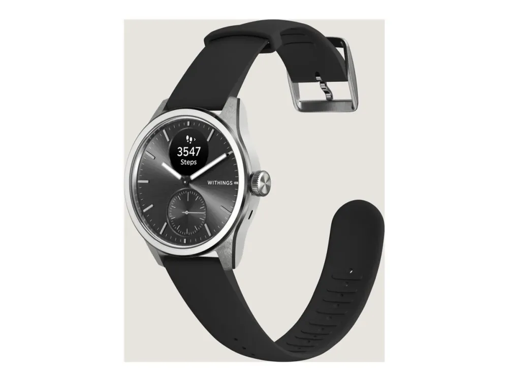 Withings ScanWatch 2 i rostfritt stål med svart urtavla och svart silikonrem, med en liten skärm som visar antal steg