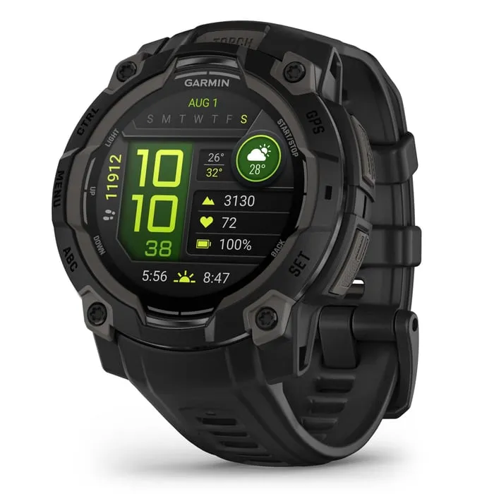 Garmin Instinct 3 med svart robust bezel och mörkgrå silikonrem, klockfacet visar tid, höjd, puls och batteri i grönt