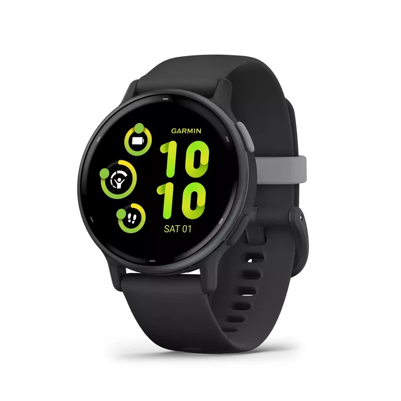 Garmin Vivoactive 5 i svart med svart silikonrem och en färgglad urtavla, sedd snett framifrån