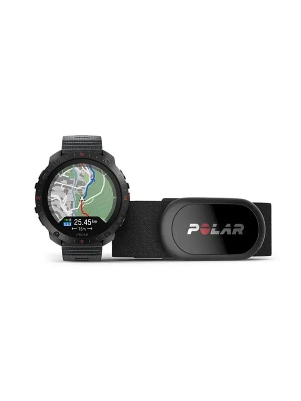 Polar Grit X2 Pro i svart stål med svart silikonrem och rund AMOLED-skärm som visar klockslag och aktivitetsringar