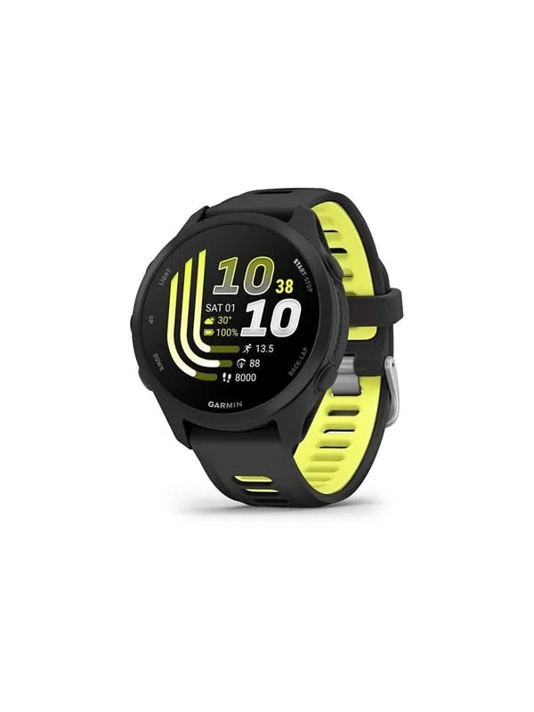 Garmin Forerunner 170 i svart med gul och svart silikonrem och en AMOLED-urtavla med gula staplar