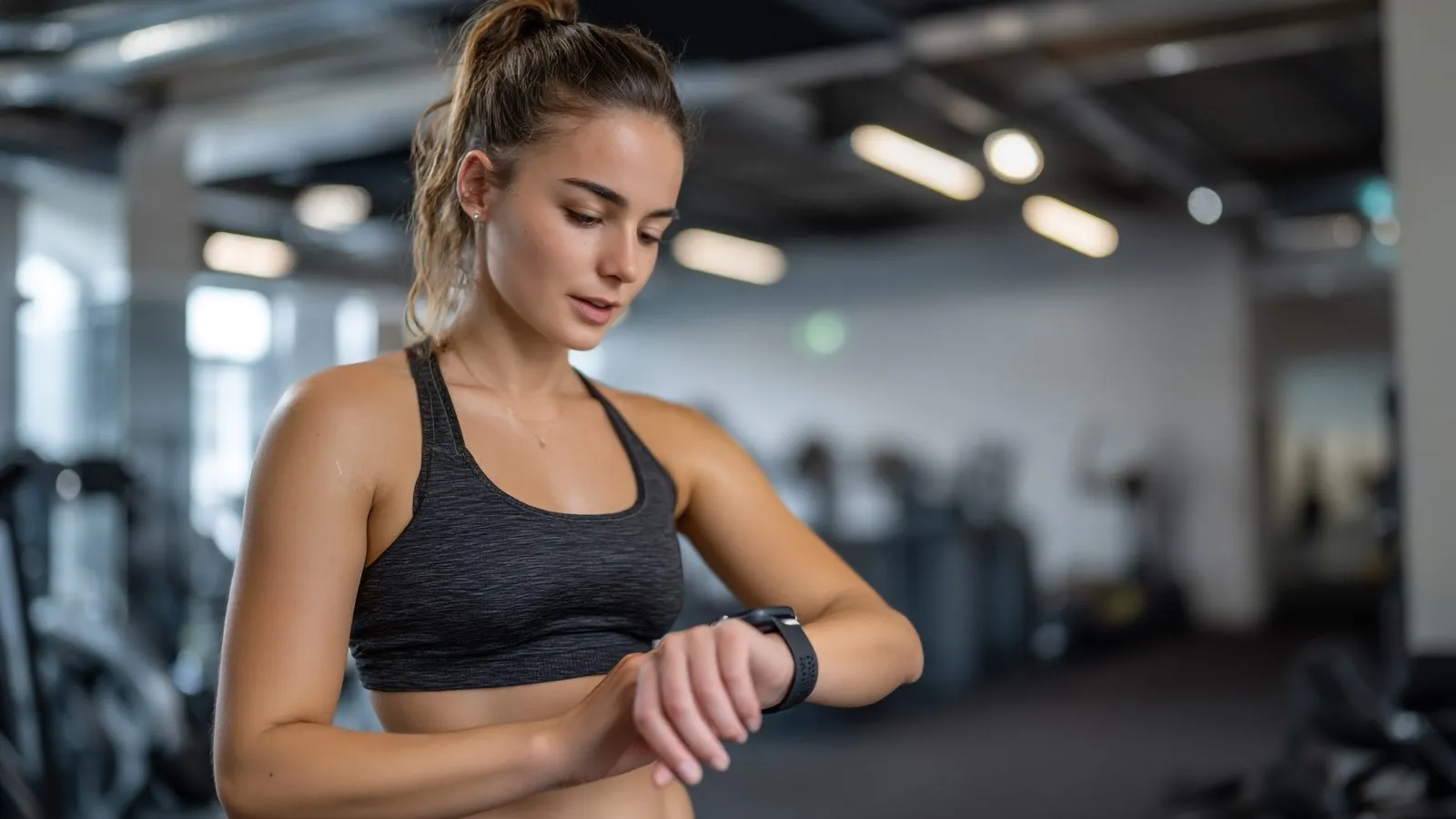 Kvinna i träningskläder kollar sin smartklocka under ett gympass