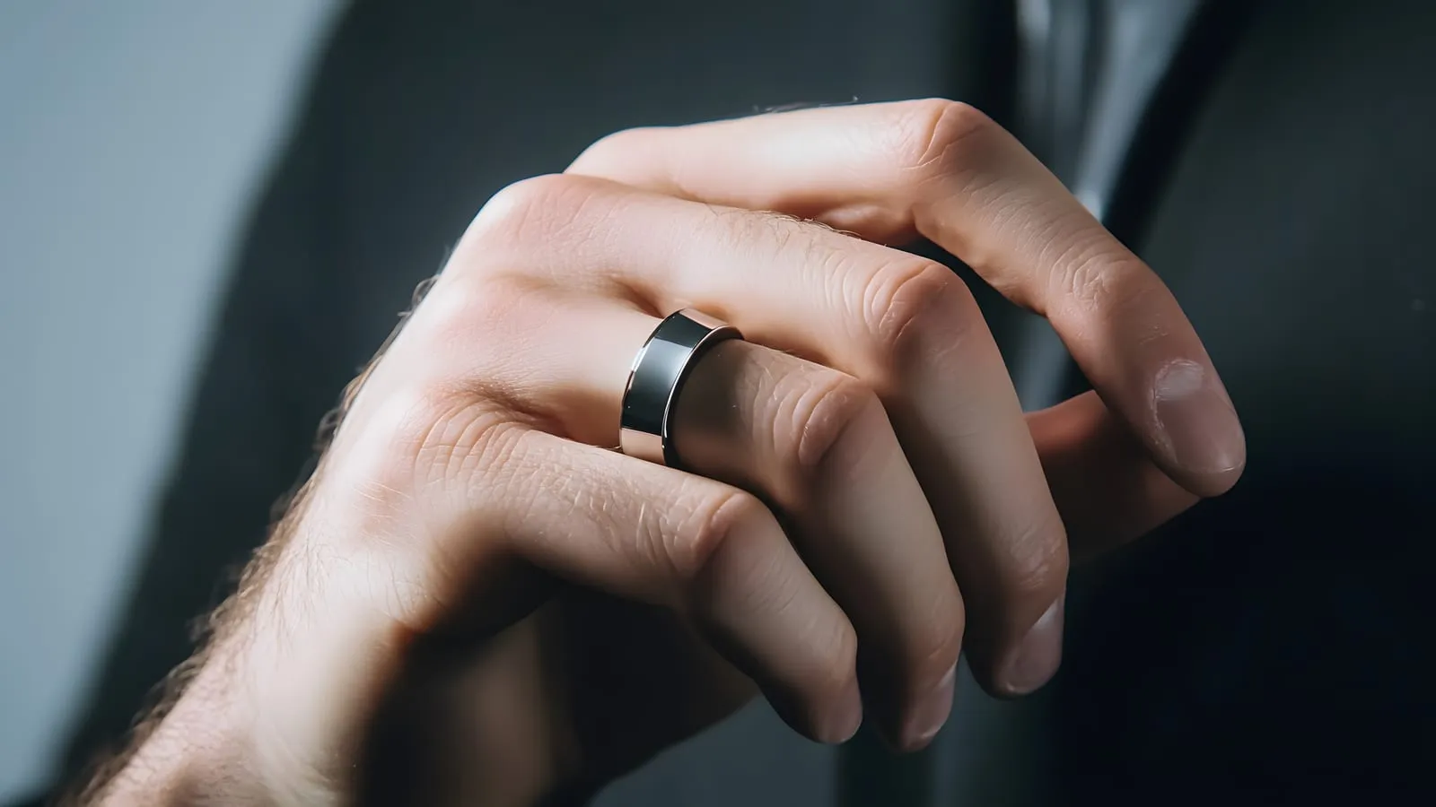 Närbild av en hand med en slät, mörk smart ring på långfingret mot suddig bakgrund