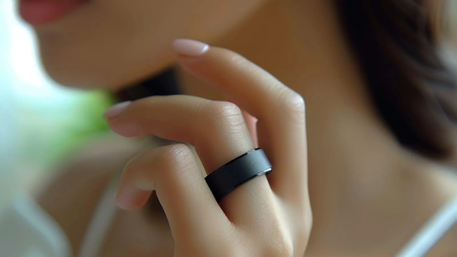 Hand med en matt svart smart ring på pekfingret, mjuk bakgrund
